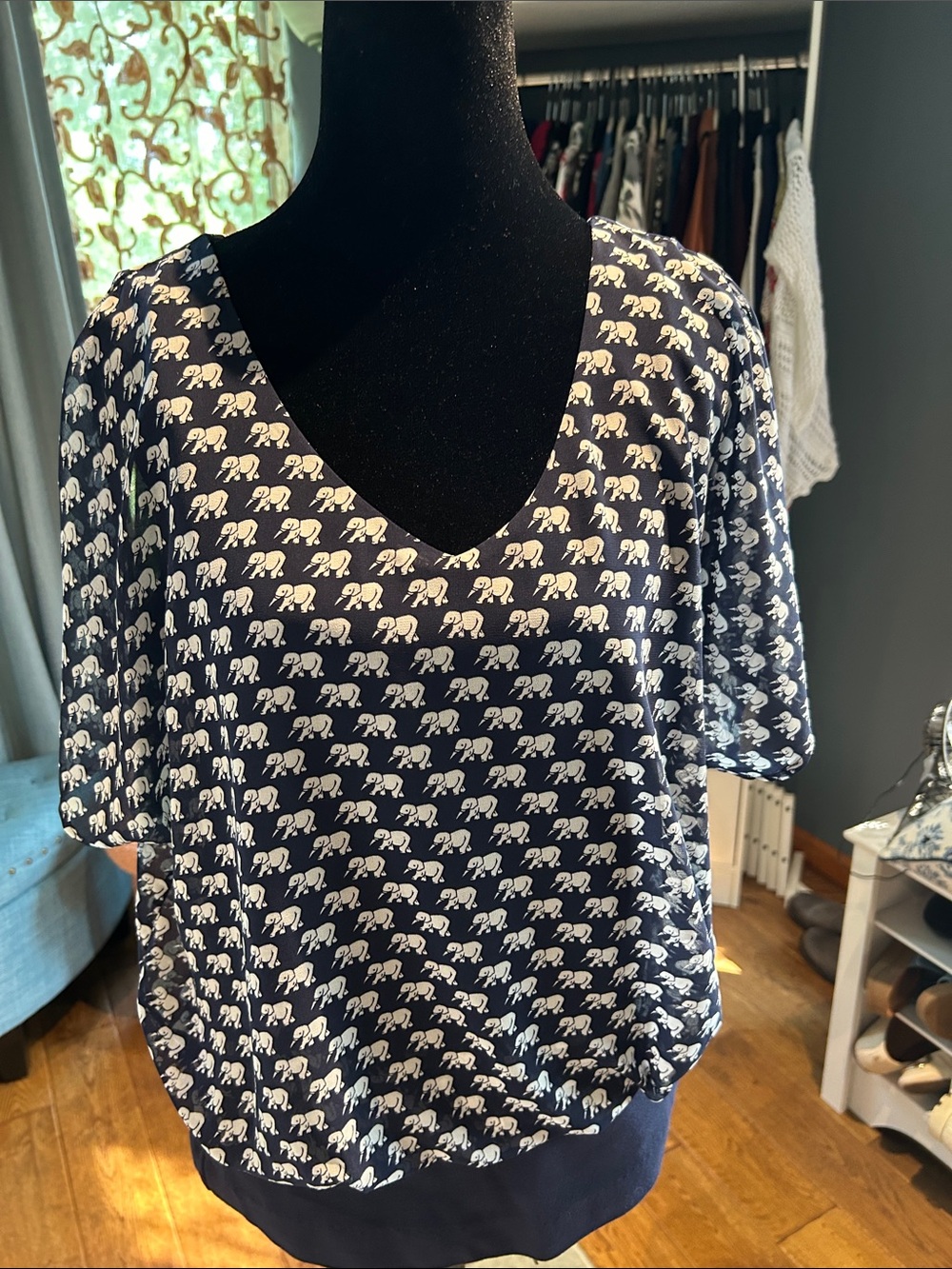 CAbi Navy Blue Elephant Print Blouse